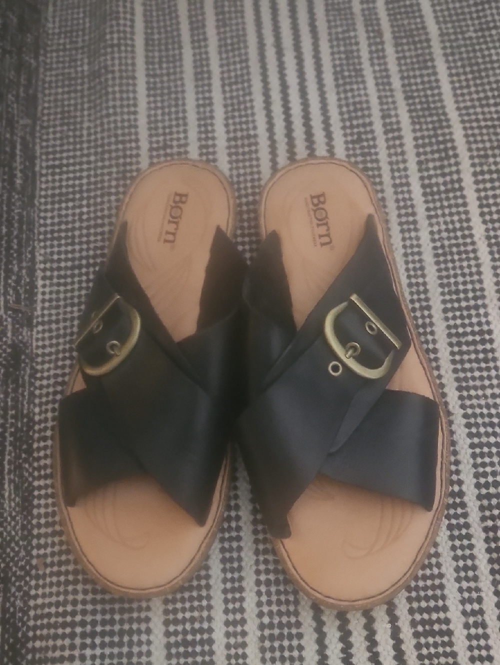 Born Black Crisscross Leather Slide Sandals with Gold Buckles